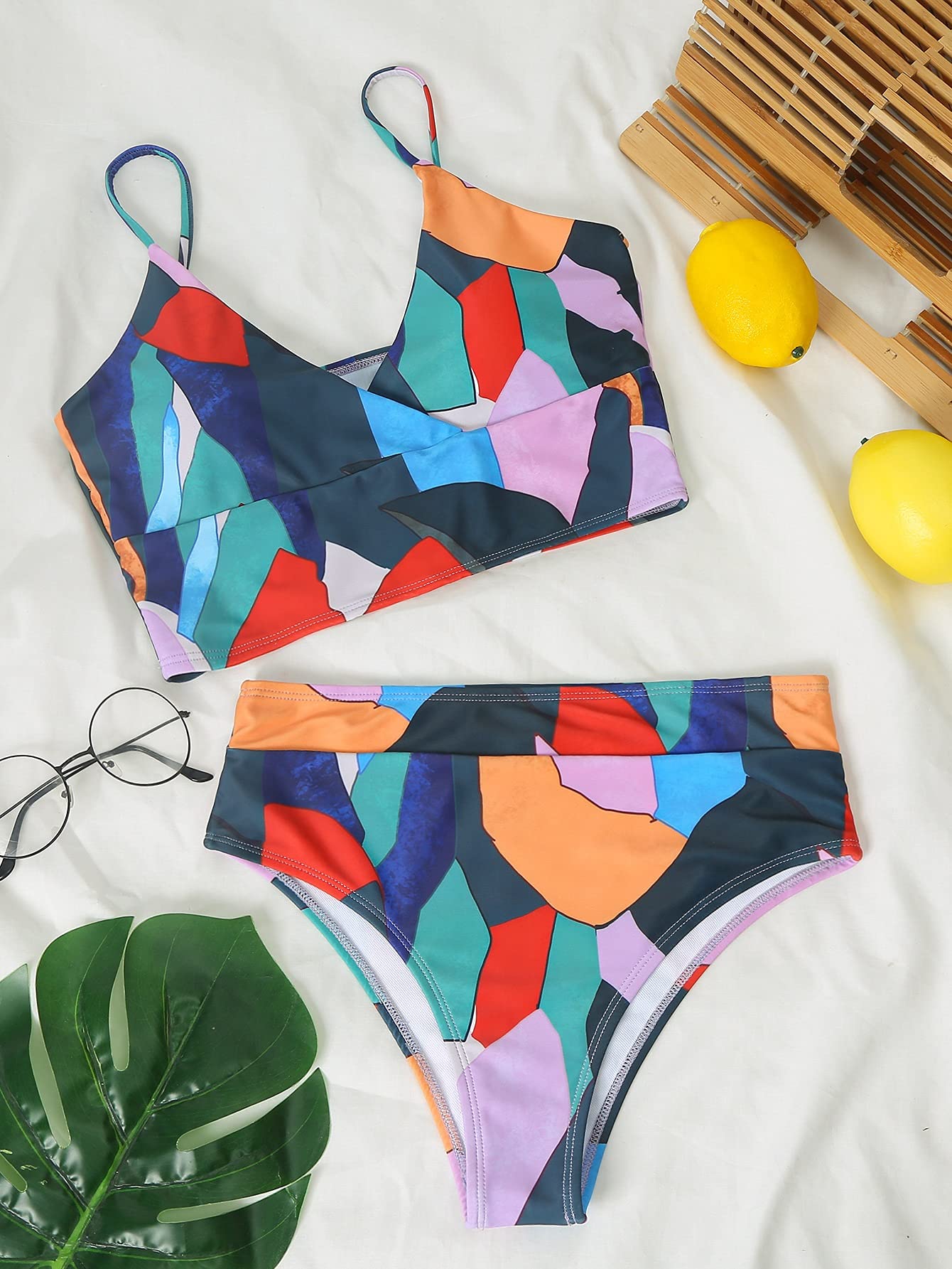 Bikini z wysokim stanem Geometria Drukuj Push Up Wycięty Strój Kąpielowy Kobiety Kąpiące Strój Kąpielowy Potargane Stroje Kąpielowe Kostiumy Kąpielowe Biquini (Kolor: Wielobarwny, Rozmiar: Średni kod) (Wielokolorowy)