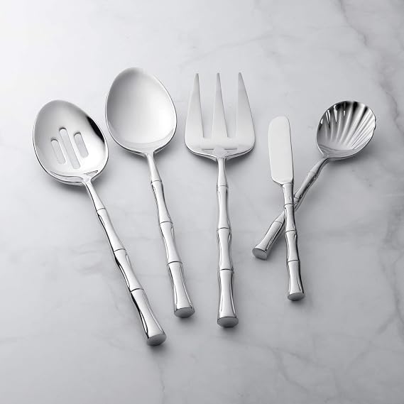 Supreme Housewares 45-Piece Bamboo Shaped Flatware Set, 18/8 Stainless Steel Silverware Cutlery Set, Service for 8 with Serving Set, Mirror Polished, Dishwasher Safe (Bamboo)