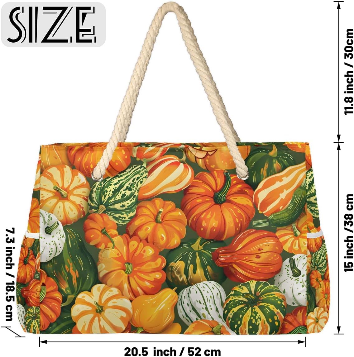 Autumn Colorful Pumpkins Beach Bags Waterproof Sandproof for Women, Large with Zipper Pool Beach Tote Reusable Grocery Shoulder Bag for Swim Travel Shopping Vacation Picnic