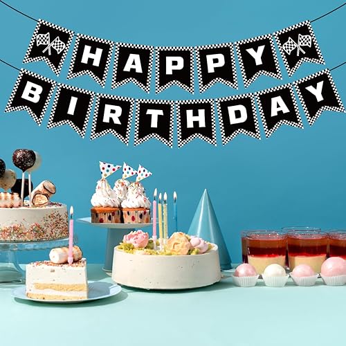 Miniatura 3 de MEETINGU Cartel de feliz cumpleaños de coche de carreras, decoración de fiesta de cumpleaños de auto de carreras, banderas a cuadros en blanco y