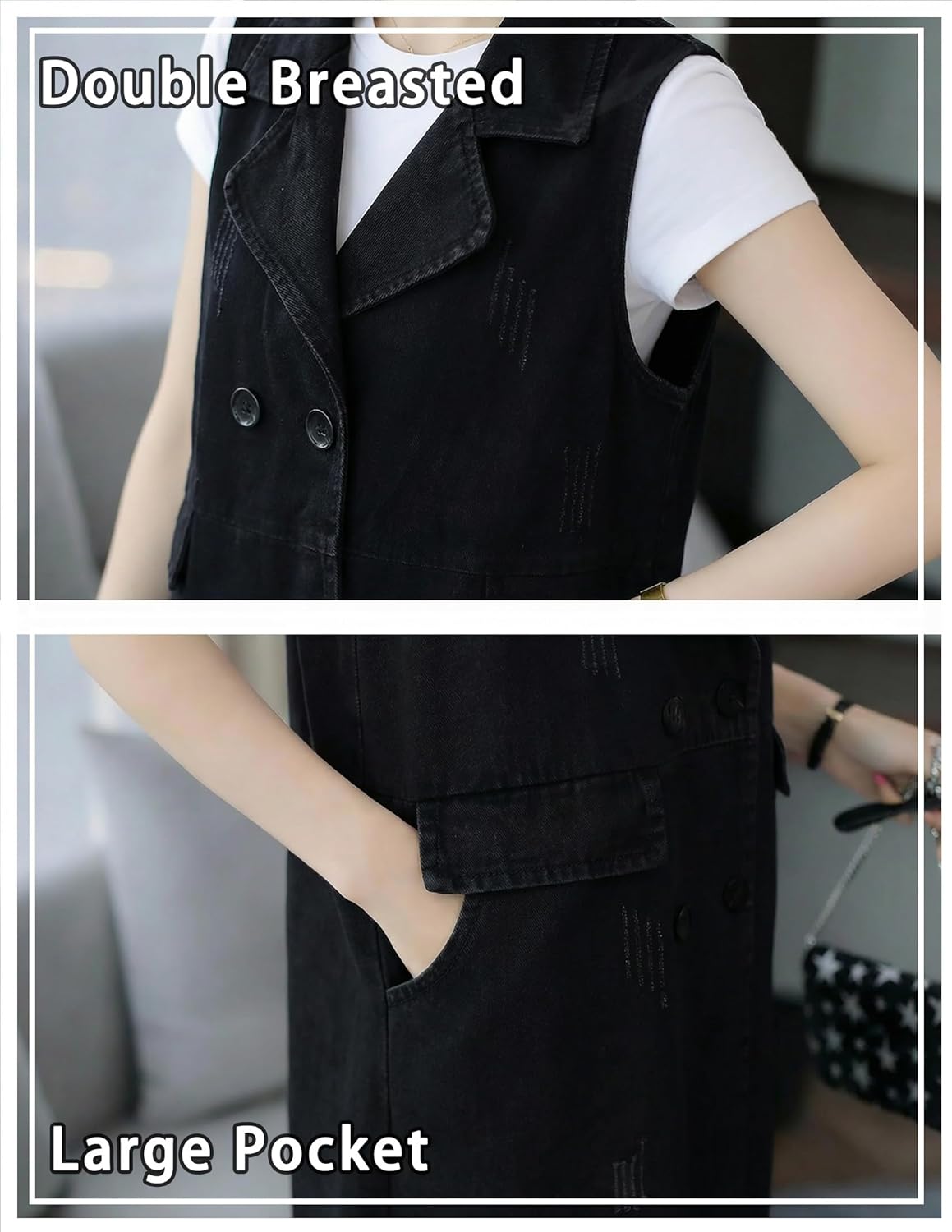 Womens Sleeveless Long Denim Vest with Pockets Casual Distressed Lightweight Jean Western Outfit Jacket