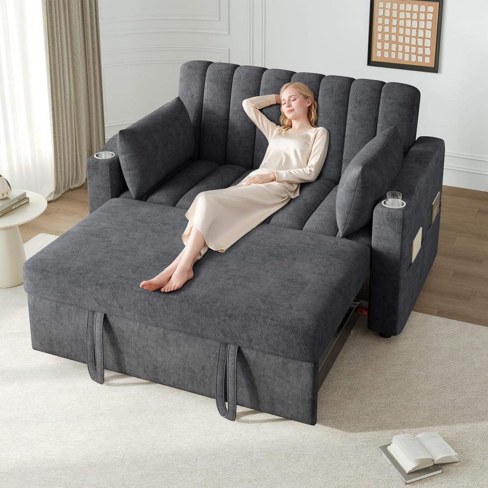 I0I&I0I Multifunktions Schlafsofa klappbar mit dreistufiger Rückenlehne Kissen Getränkehalter und Stauraum ideal für Wohnzimmer Schlafzimmer Heimkino Wohnung (Gray +Cotton Linen + 2 Seat)