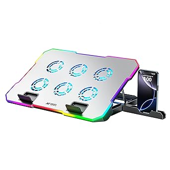 Ant Esports NC510 Laptop Cooling Pad, 6 Silent Fans 2400 RPM, RGB Cooling Stand with 10 Light Modes, Adjustable Ergonomic Height, Dual USB Ports & Phone Holder for Up to 17″ Laptops_ Black