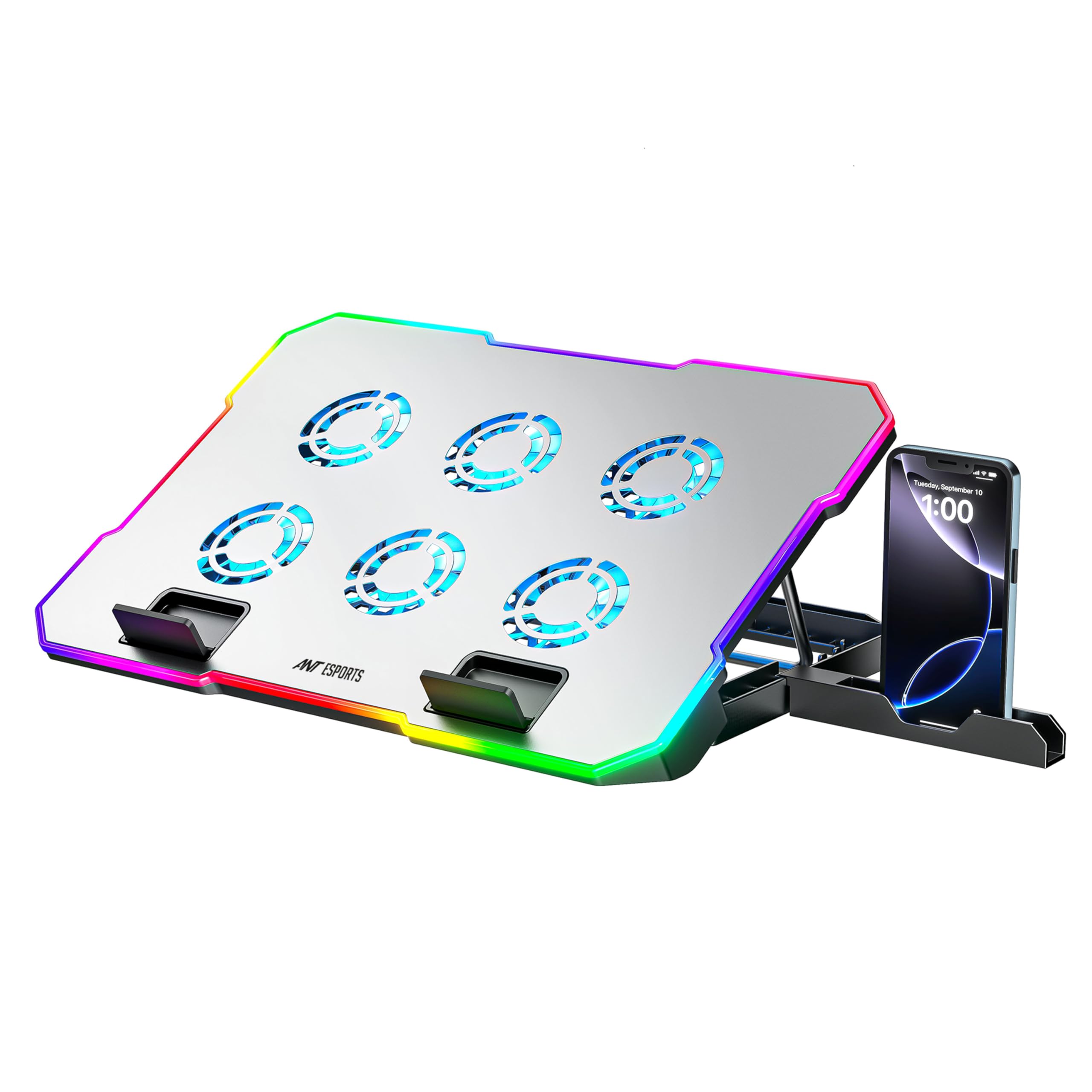 Ant Esports NC510 Laptop Cooling Pad, 6 Silent Fans 2400 RPM, RGB Cooling Stand with 10 Light Modes, Adjustable Ergonomic Height, Dual USB Ports & Phone Holder for Up to 17″ Laptops_ Black-image-49