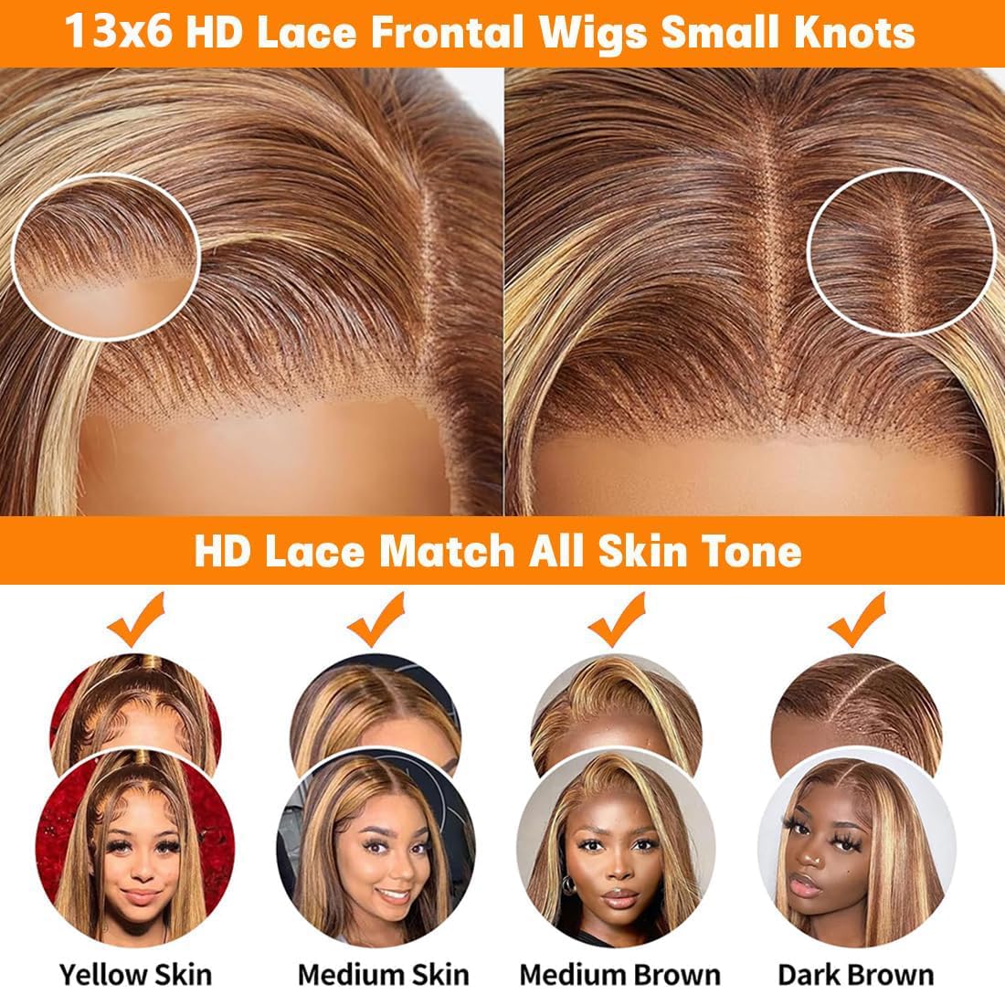 250% Density 13X6 Ombre Highlighted 4/27 Body Wave HD Tansparent Lace front Wig Human Hair Highlight Lace frontal Highlights Wigs Brown Honey Blond Pre Plucked with Baby Hair