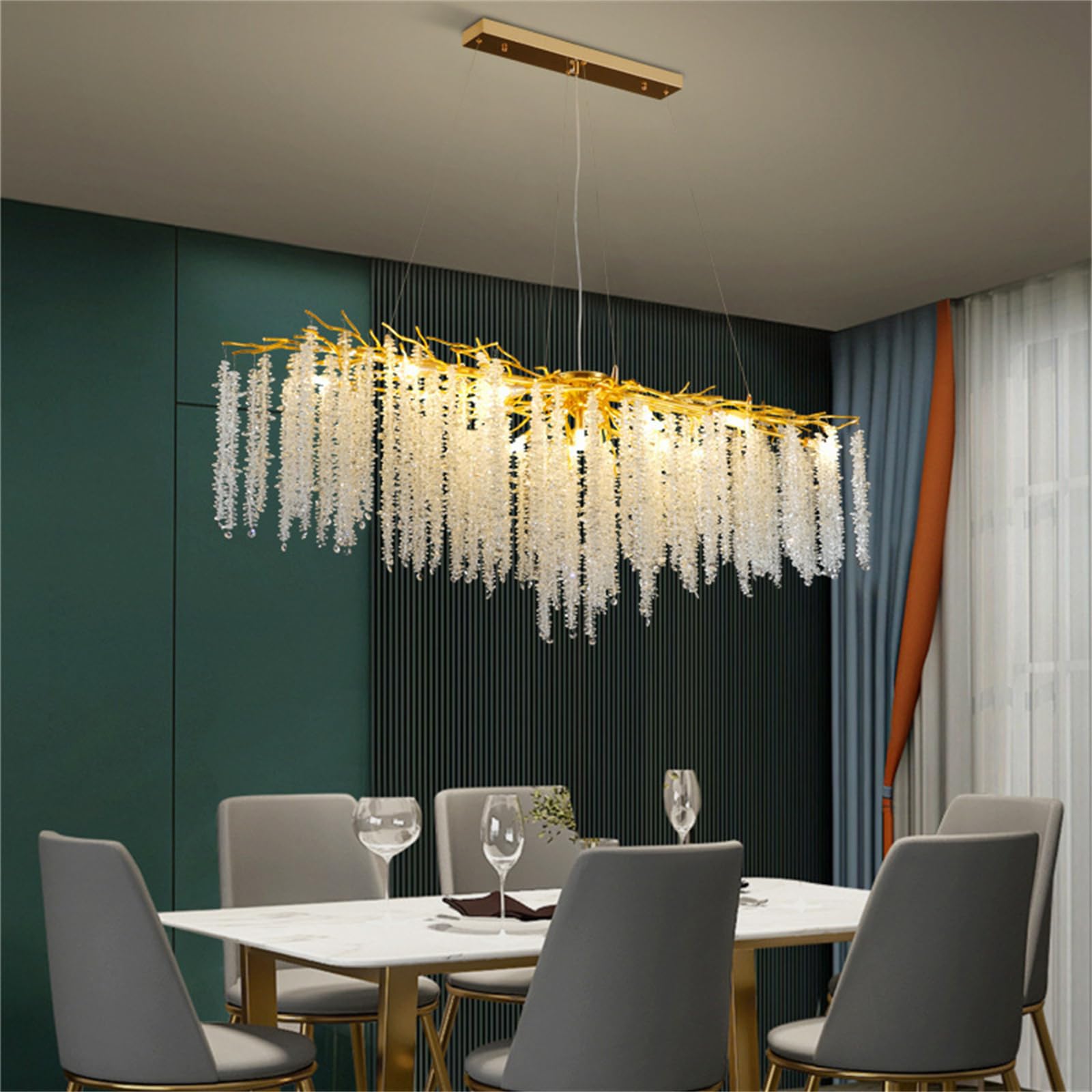 Leomix One Color Crystal Tree Branches Chandeliers Modern Gold Luxury Raindrop Pendant Light Fixture Crystal Chandelier High Ceiling Hanging Light For Dining Room Bedroom Living Room,Rectangular L100cm
