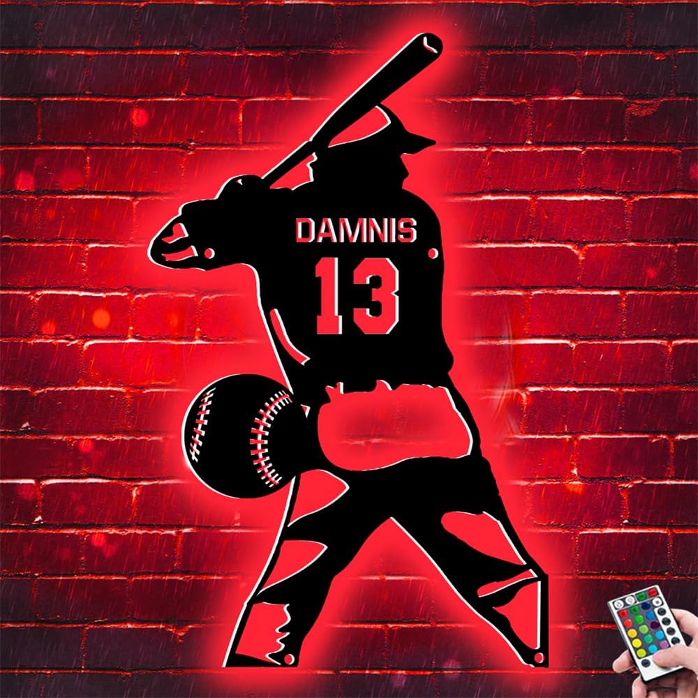 Personalized Baseball Player Metal Sign With LED Light,Custom Name & Number Baseball Light, Baseball Wall Art Décor,Baseball Sports Décor for Bedroom,Christmas Birthday Baseball Gift