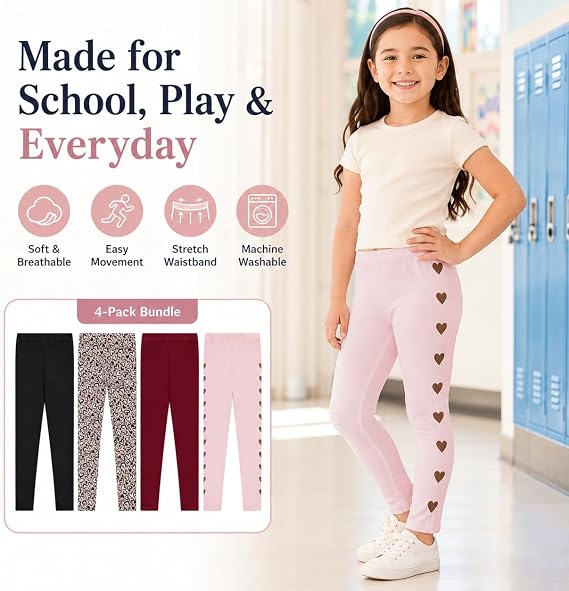 BTween Kids Girls Fall Fashion Stretch Leggings Comfortable Bottoms Set 4 Pack Bundle