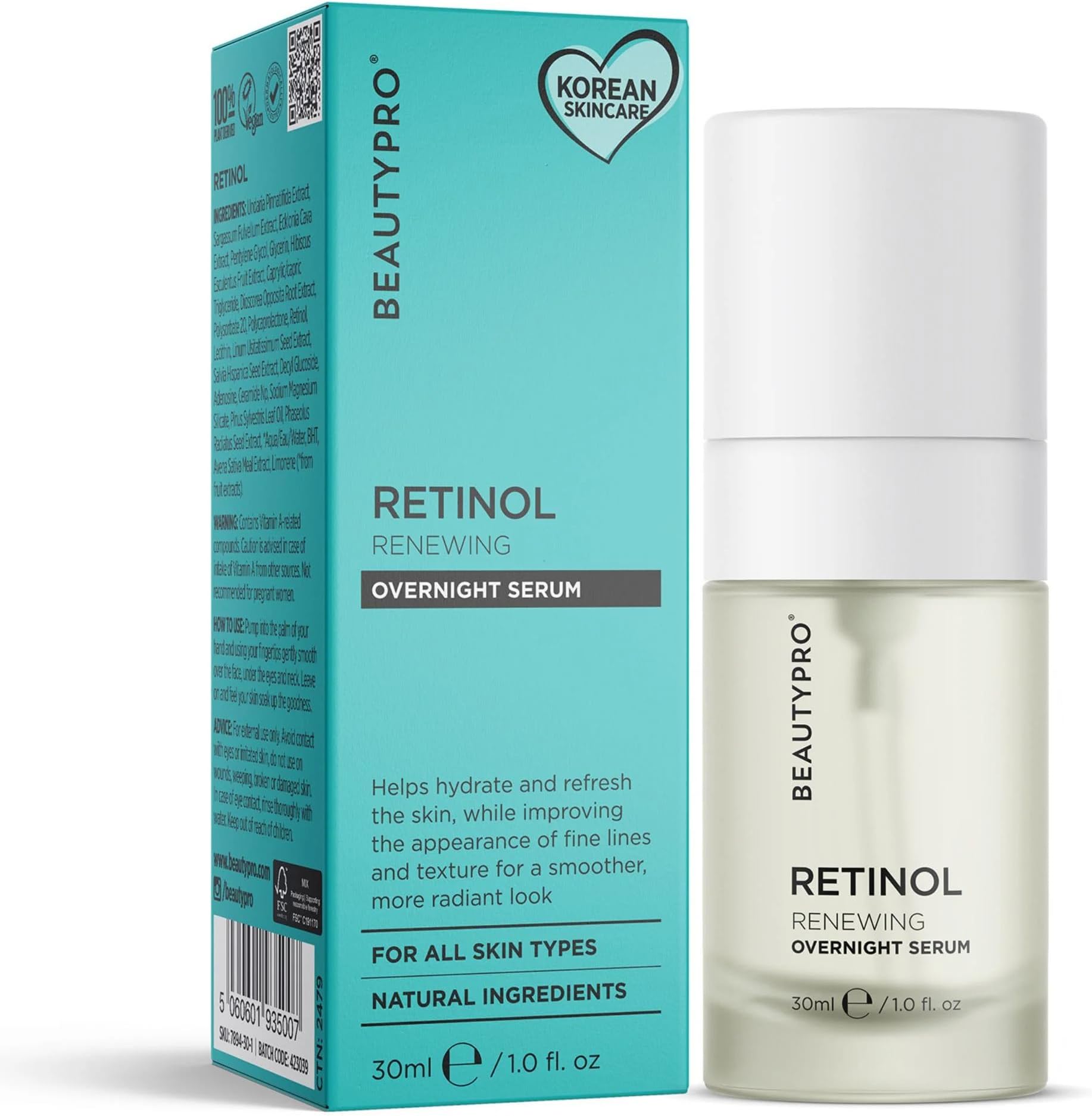 BEAUTYPRO RETINOL RENEWING FACE SERUM Overnight Face Moisturiser & Antioxidant Rejuvenate Firming Skin Blemishes Reduces Inflammation Natural Vegan Skincare Multi Award Winning Brand 30ml