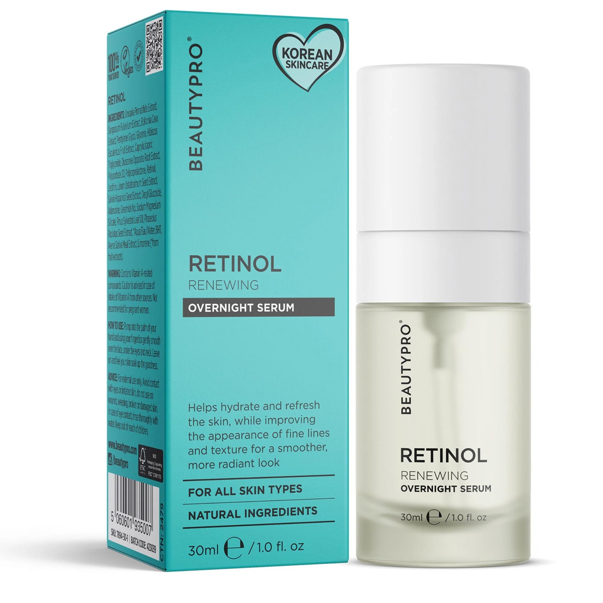 BeautyProRETINOL RENEWING FACE SERUM Overnight Face Moisturiser & Antioxidant Rejuvenate Firming Skin Blemishes Reduces Inflammation Natural Vegan Skincare Multi Award Winning Brand 30ml