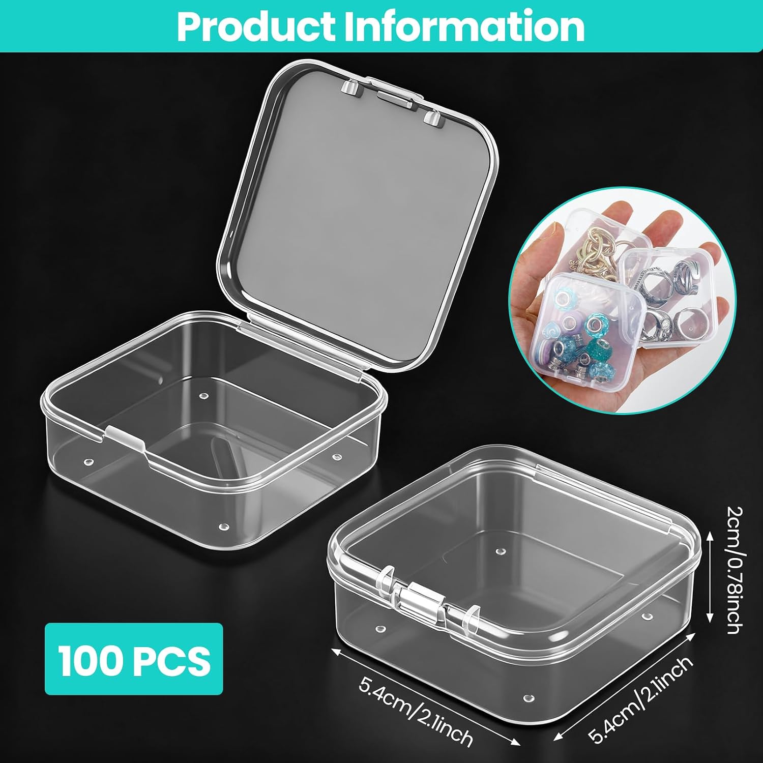 100 Pcs Clear Plastic Beads Storage Containers Box,Small Plastic Storage Boxes with Hinged Lids for Jewelry, Beads,Earplugs,Pins,Arts Crafts and Small Items (2.1 x 2.1x 0.78 Inch)