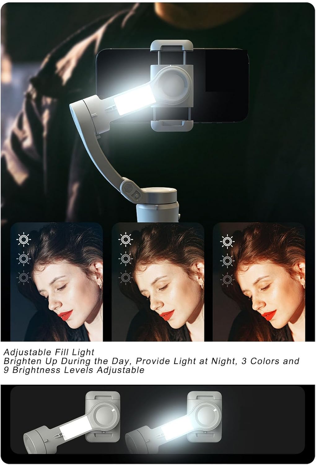 ASHATA Phone Gimbal Stabilizer, 3-Axis Smartphone Foldable Handheld Stabilizer Built in Tripod Fill Light Bluetooth Selfie Stick Face Object Tracking Anti Shake for Travel Vlogging