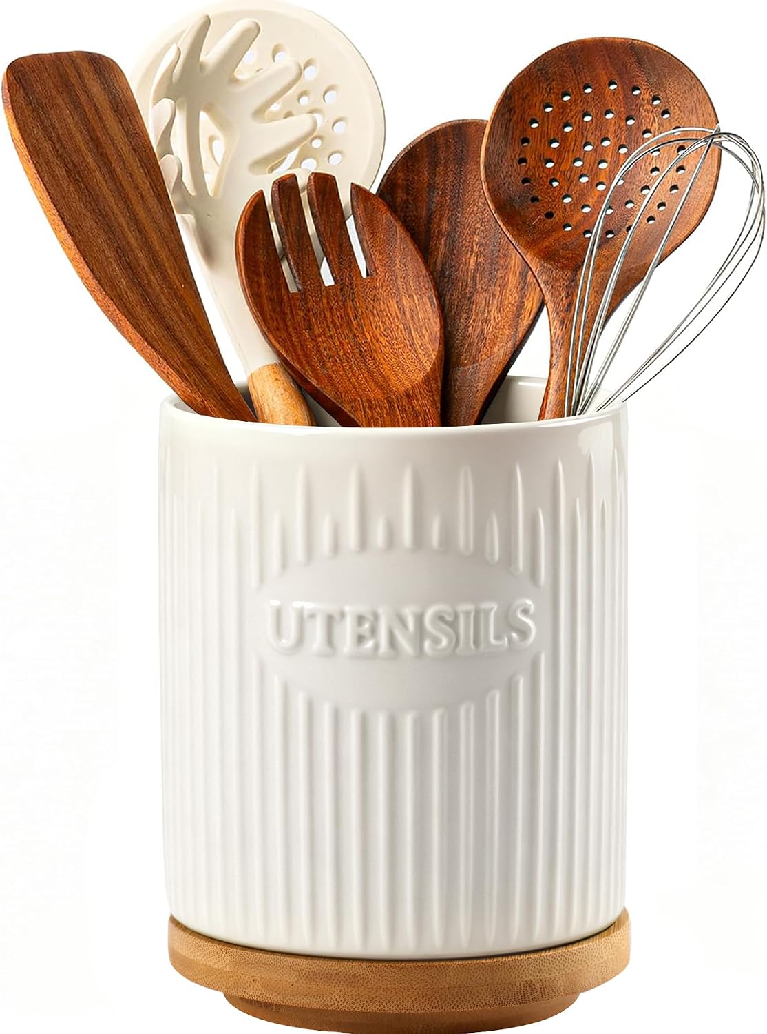 6.5" Utensil Holder, Ceramic Kitchen Utensil Holder for Countertop with Protection Cork Bottom, Stable Cooking Utensil Crock, Vintage Farmhouse kitchen Decor, White