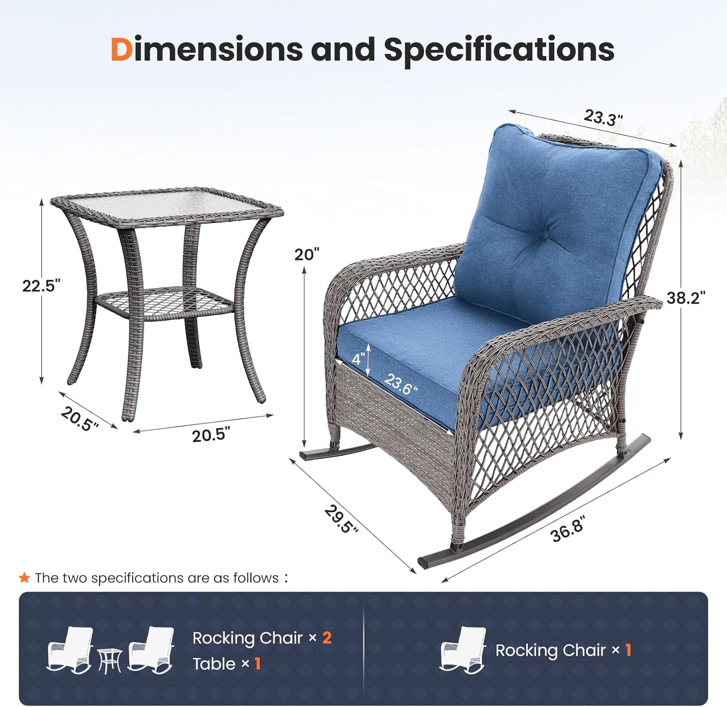 UDPATIO 3 Piece Patio Furniture Set, Wicker Rocking Bistro Set with 2 Rockers, 1 Side Table and 4‘’ Thick Cushions for Backyard, Porch, Balcony, Poolside, Grey/Blue