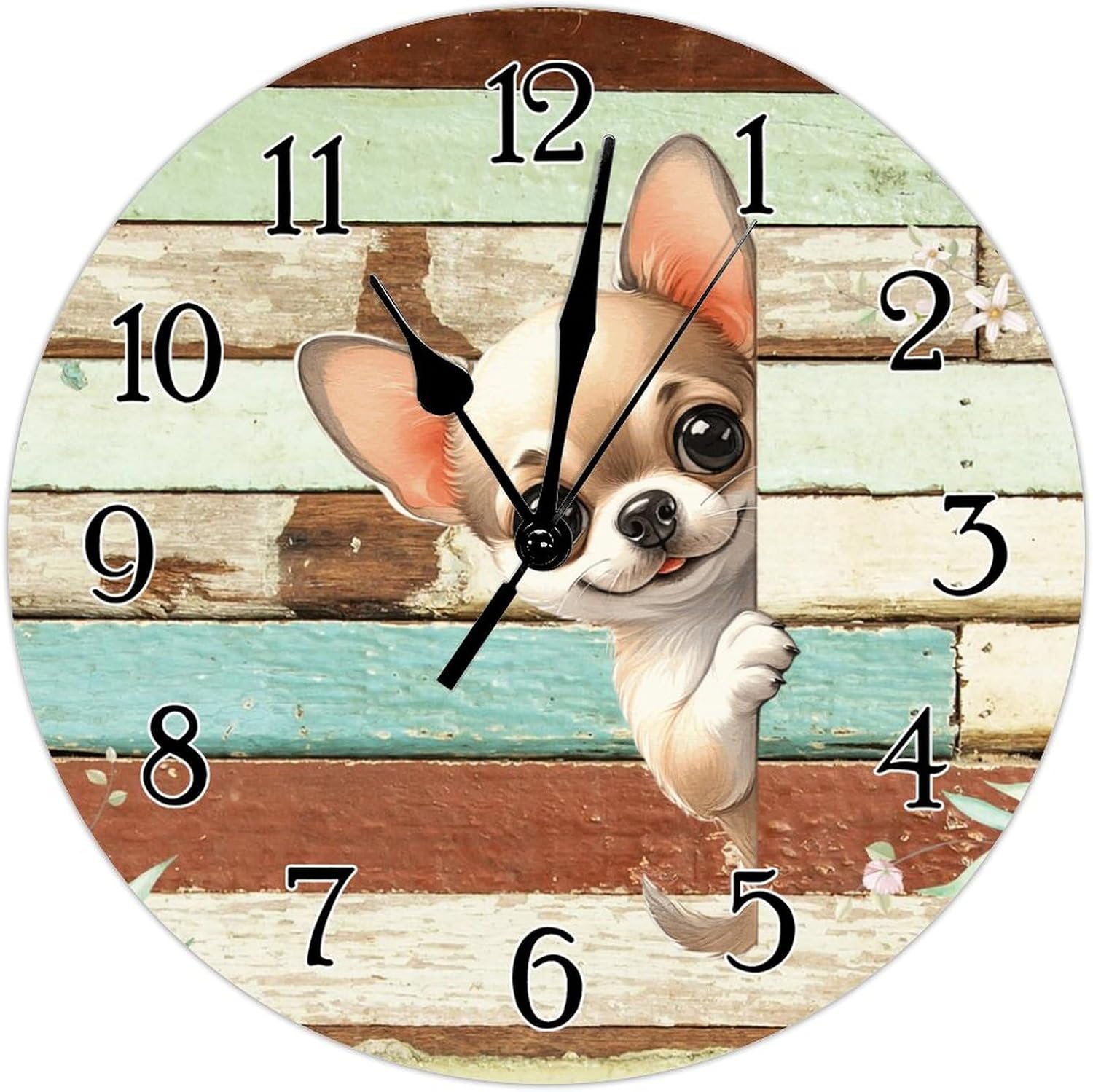 Chihuahua Dog Peeking Around Corner Clocks Chihuahua Wall Clocks Battery Operated Round Wall Clock Puppy Dog Animal Wooden Wall Clock for Bathroom Bedroom 12x12in