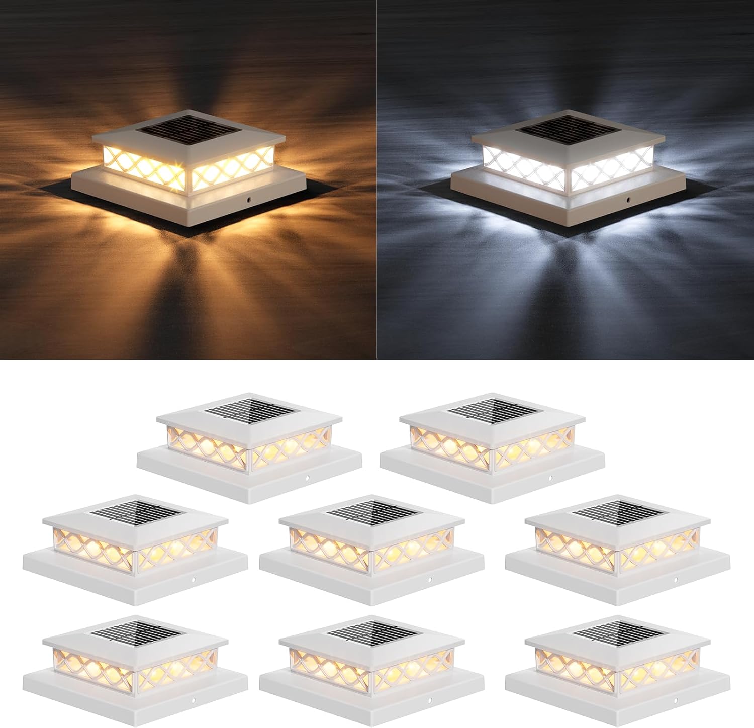 Solar Post Light 8 Packs with 4x4, 5x5 and 6x6 Inches Base for Vinyl/Wooden Posts, Bright 16 LEDs Solar Cap Lights with Two Light Modes for Decorating Deck, Patio, Porch, Fence (White) 8 White