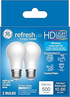 GE Refresh LED Light Bulbs, 60 Watt, Daylight, A15 Ceiling Fan Bulbs, Frosted (2 Pack)