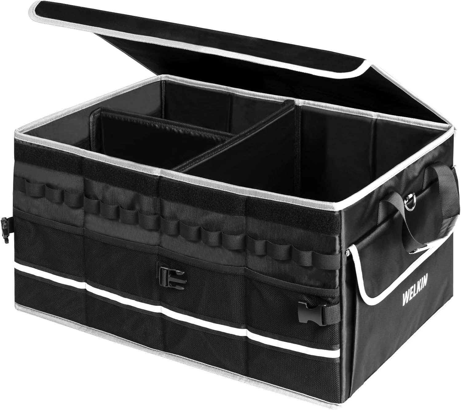 WELKIN 15GAL/60L Car Trunk Organizer with Lid & Dividers - Heavy Duty Collapsible Storage Organizer for SUV Sedan Truck - Waterproof Foldable Cargo Organizer for Groceries, Camping, Travel Accessories