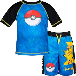 Pokemon Raglan Rash Guard and Swim Trunks UPF 50+ Outfit Set Little Kid to Adult Sizes (4 - Large)