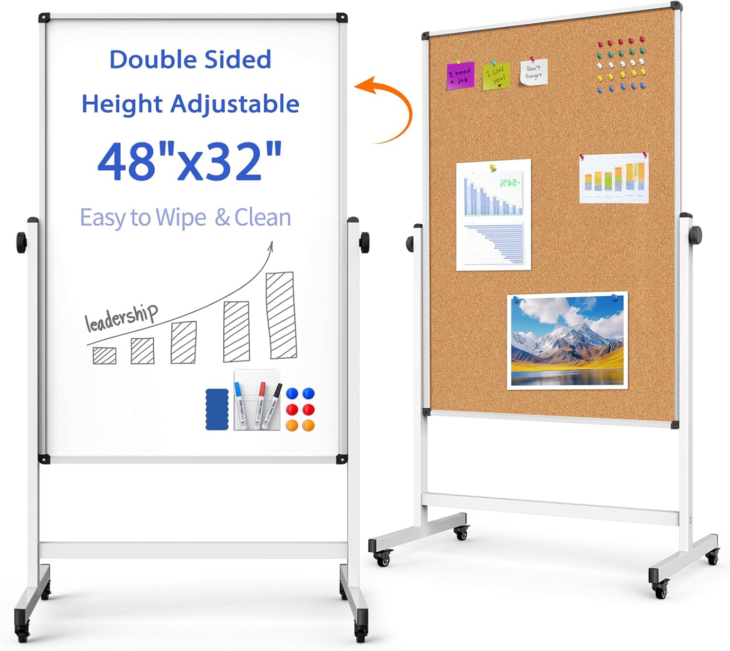 Double-Sided Whiteboard and Corkboard on Wheels, 48 x 32 Inch Magnetic Dry Erase Board with Adjustable Height Stand, Rolling Mobile Board for Office, Classroom, Presentation & Planning (Cork & White) 48" x 32" Cork & White