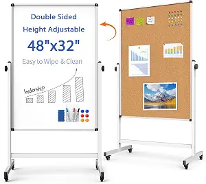 48x32 Whiteboard and Corkboard on Wheels, Magnetic Dry Erase Display Board