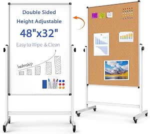 48x32 Whiteboard and Corkboard on Wheels, Magnetic Dry Erase Display Board