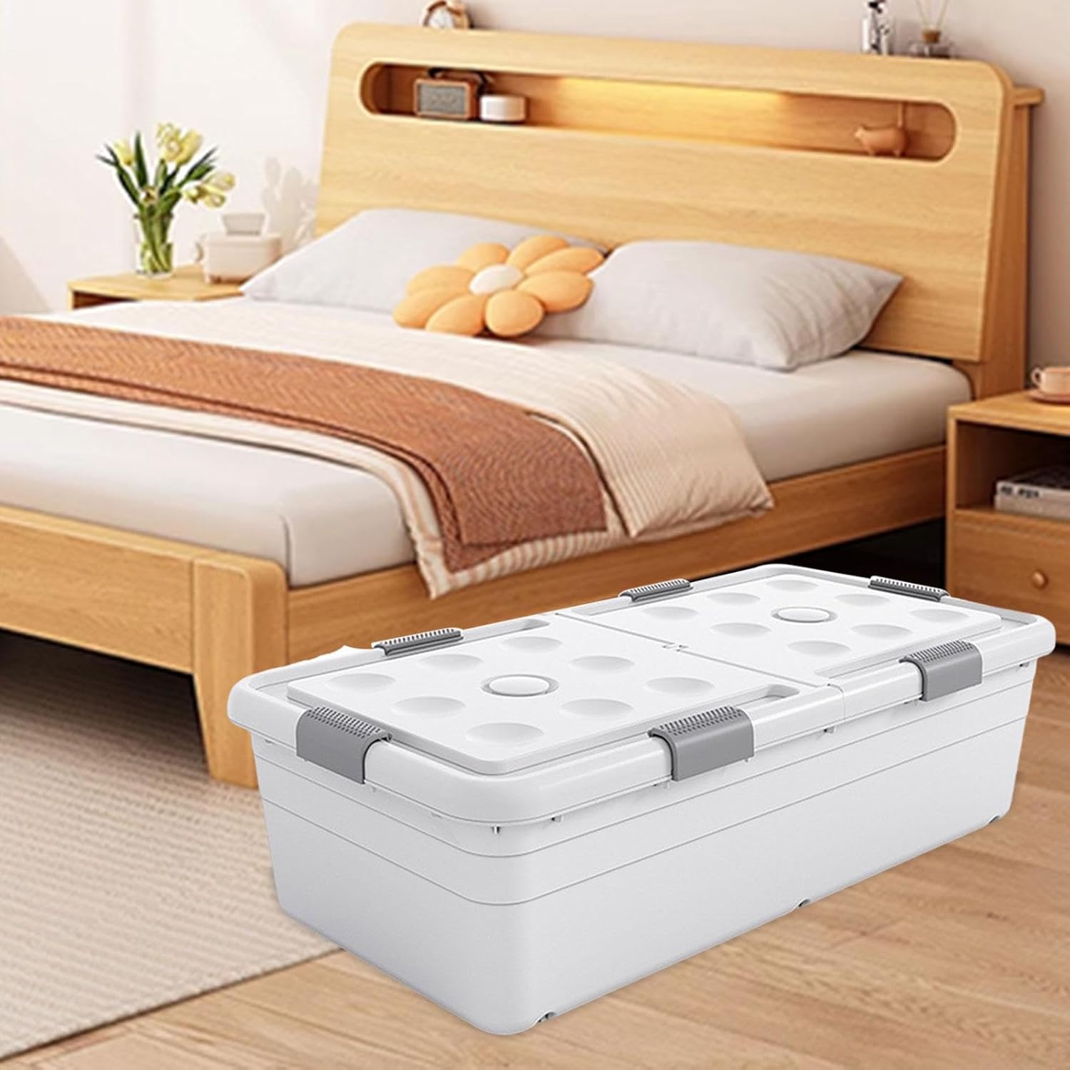 Under Bed Storage Box Rolling Storage Bin with Lid Open from Both Sides Underbed Container Organizer Case for Cloakroom Toys, White, Height 30cm