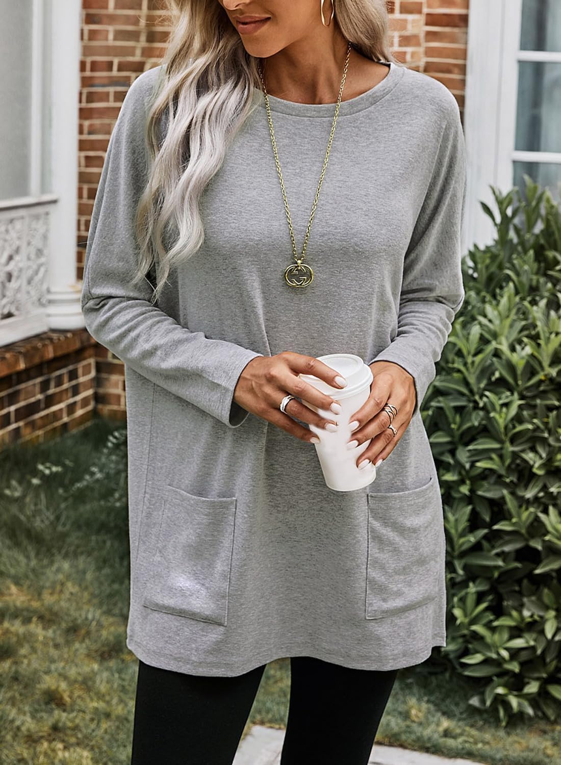 Dokotoo Long Sleeve Shirts for Women Long Sweaters with Pockets Tunic Tops Loose Fit Sweatshirt Dress