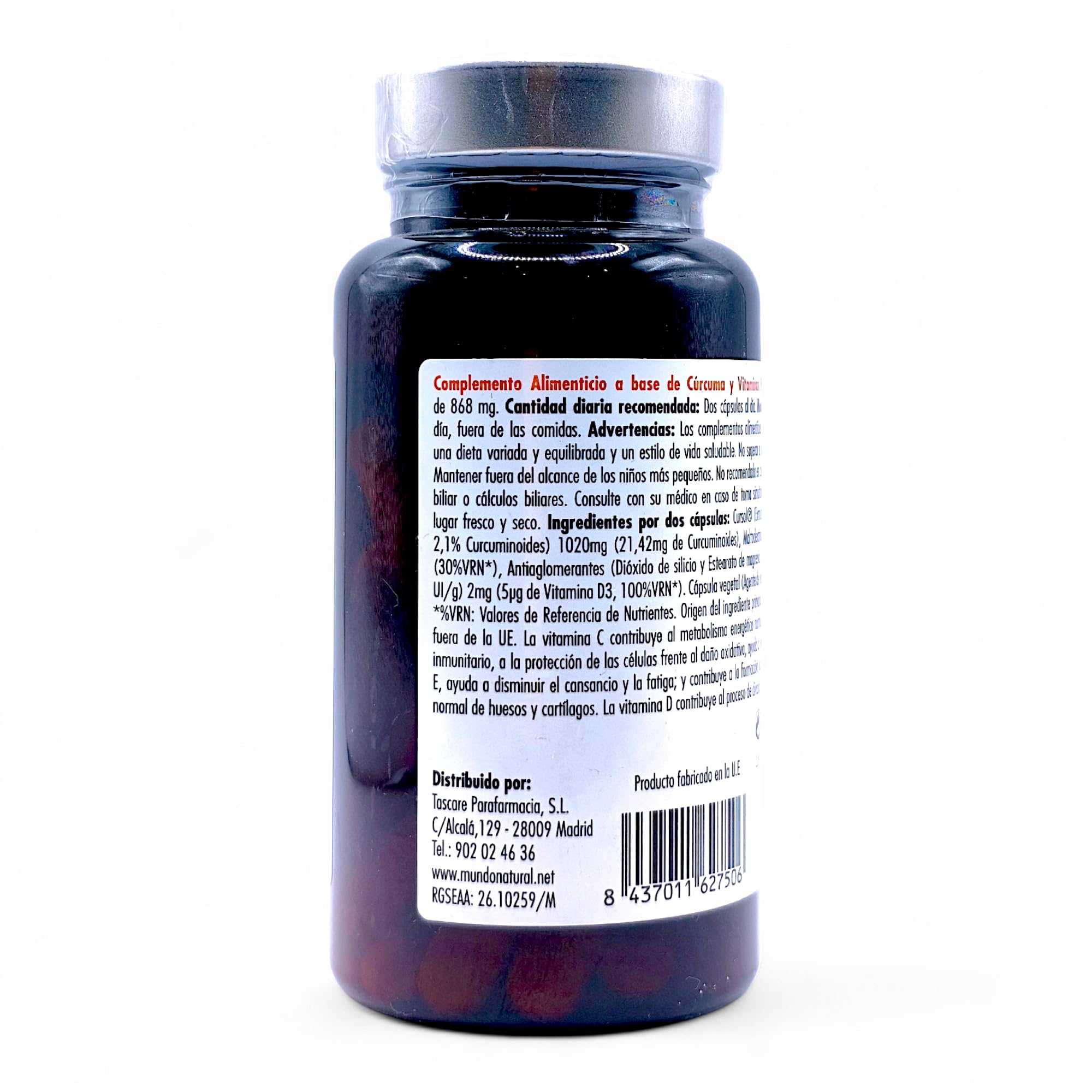 Mundo Natural Curcusan 60 Cápsulas - Suplemento Antiinflamatorio con Cúrcuma de Alta Biodisponibilidad, Vitamina C y Vitamina D3 - Alivio del Dolor Articular y Muscular - Antioxidante