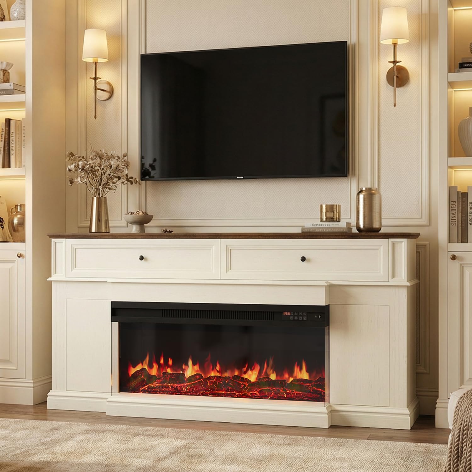 63 inch Fireplace TV Stand for TVs up to 70" with 3-Sided Electric Fireplace with Mantel, Modern Media Entertainment Center, Farmhouse TV Console for Living Room with Drawers, Antique White