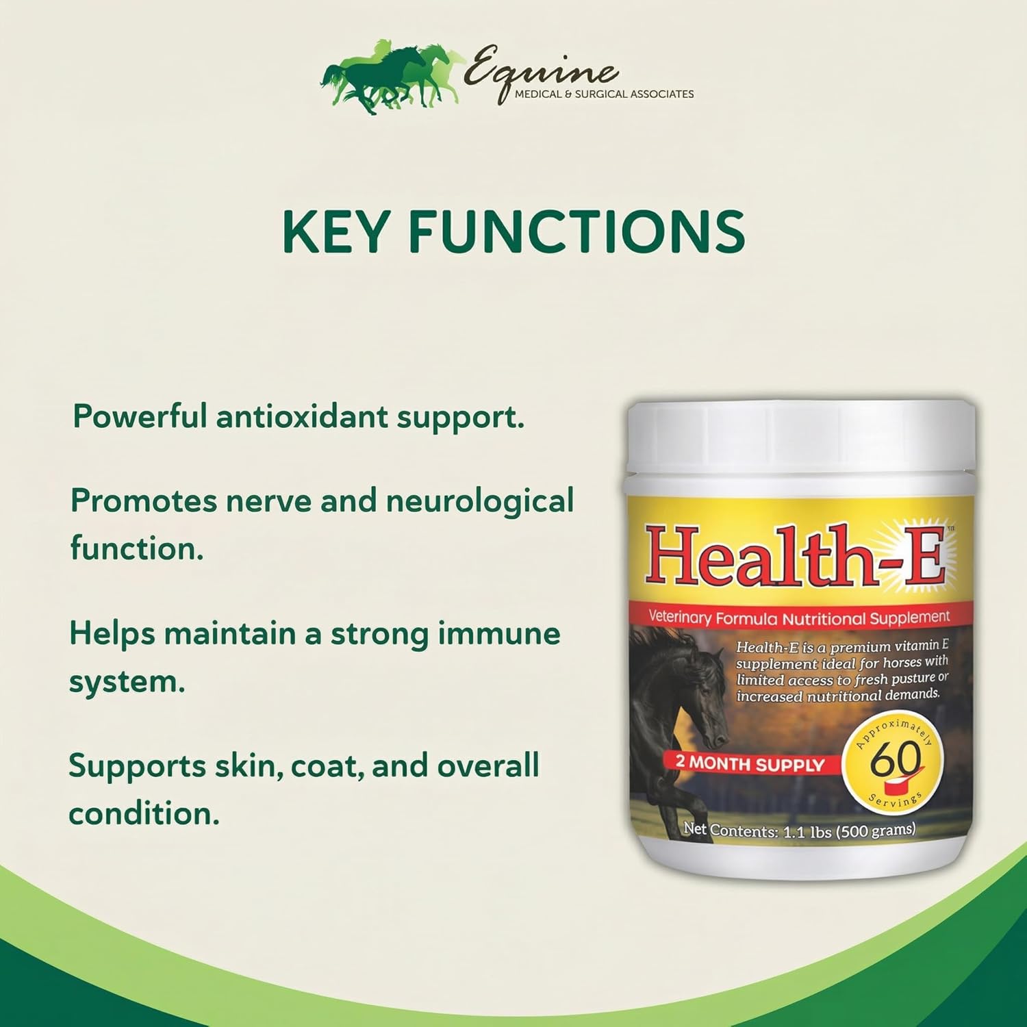Vitamin E Supplement for Horses, High-Potency dl-Alpha Tocopherol Powder, Supports Immune Muscle Skin and Nerve Wellness, Low Sugar Starch and Fructans (60 Servings)
