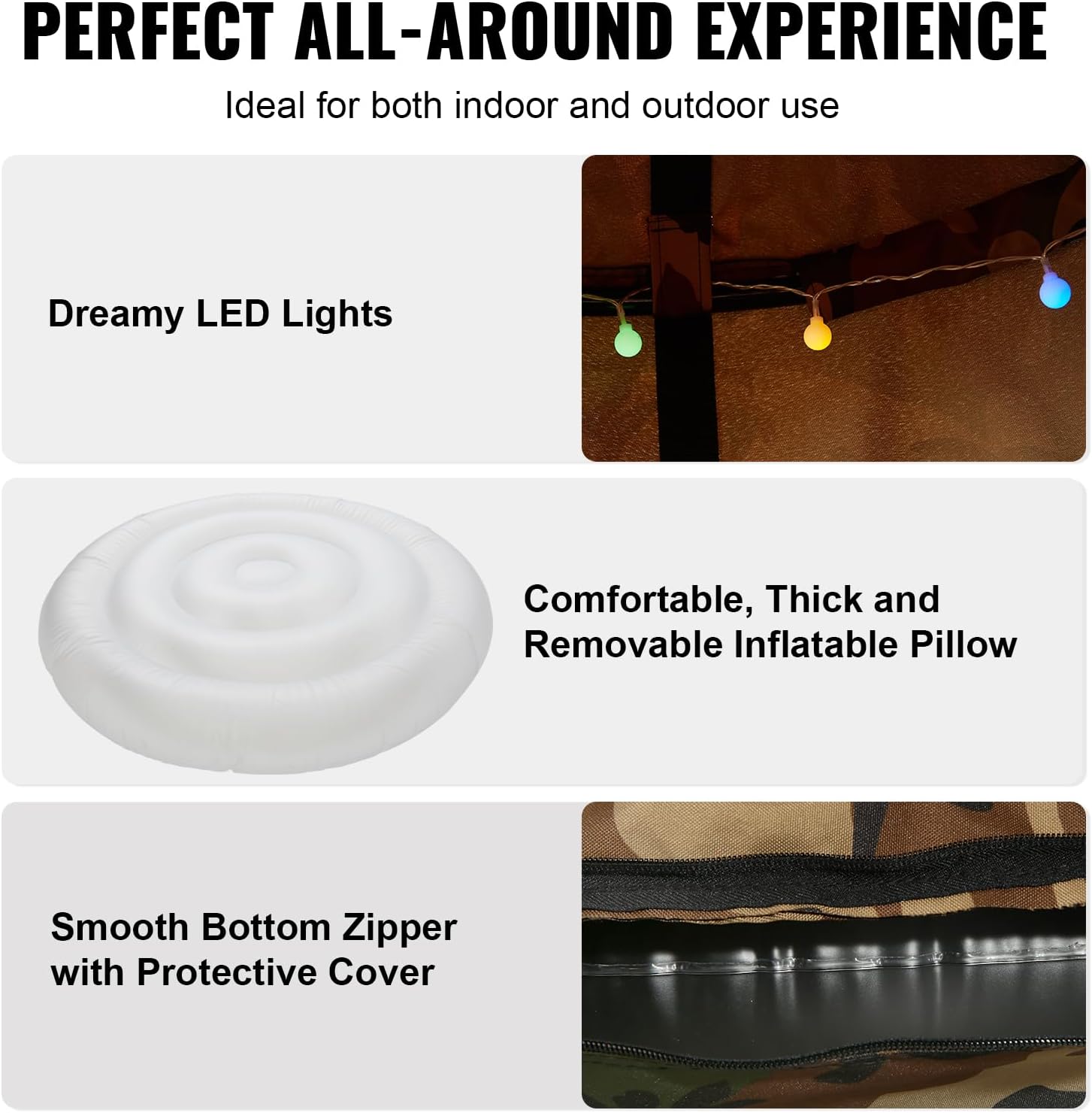 Close-up image showing the comfortable, thick, and removable inflatable pillow, along with the smooth bottom zipper with protective cover.
