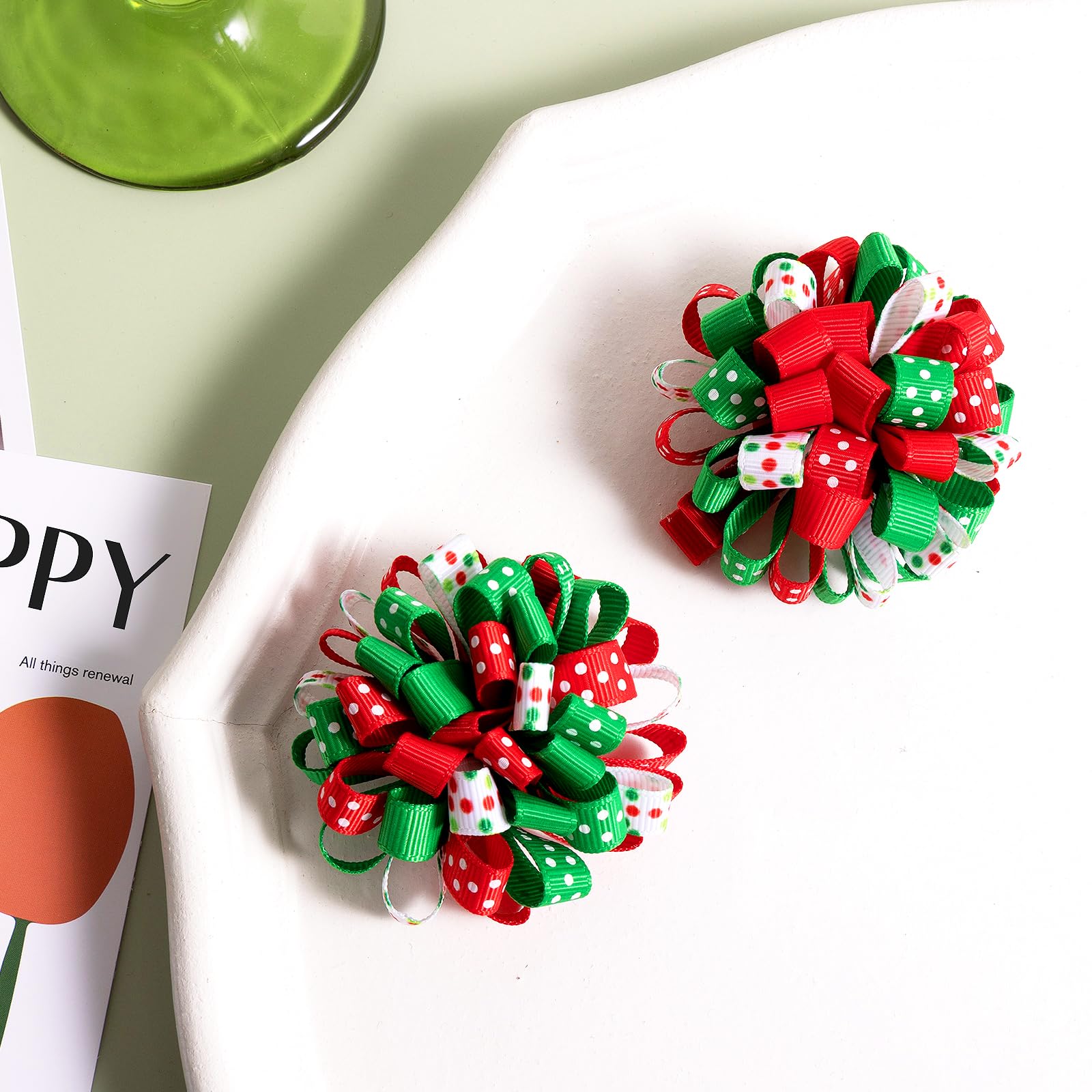 Christmas Hair Clips - Red White Green Bows -6 Christmas Hair Clips - Red White Green Bows -6
