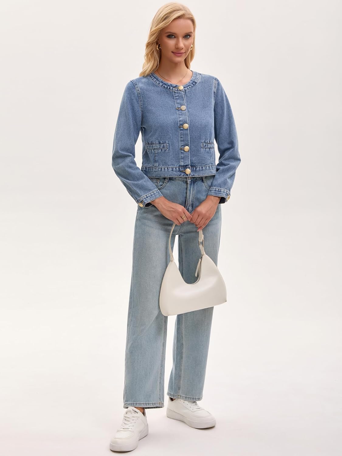 Women's Collarless Denim Jacket Long Sleeve 2026 Button Down Jean Jackets - Image 4