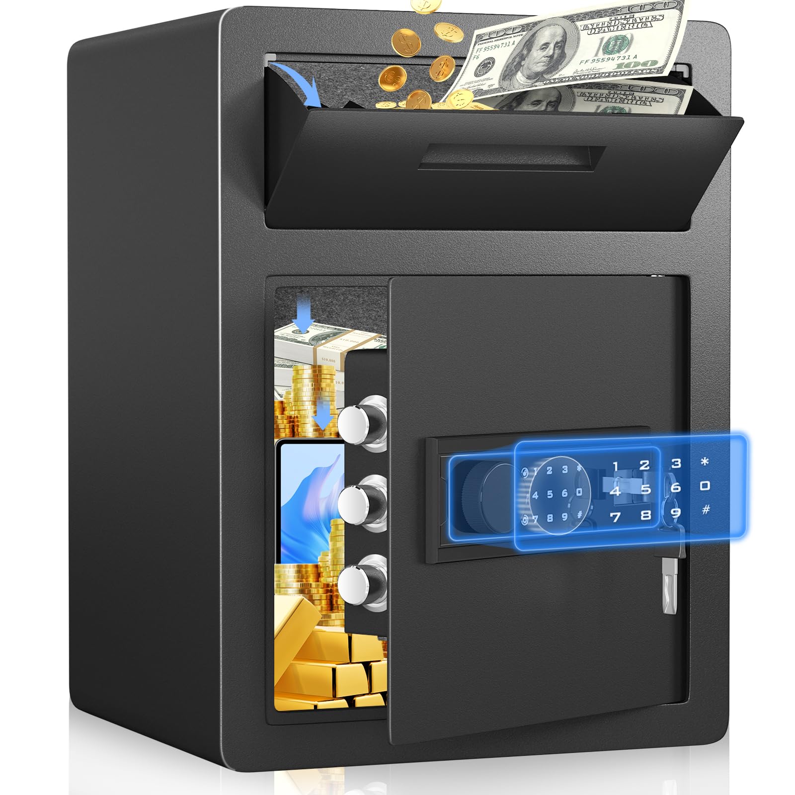 kavey 投入式金庫 家庭用 暗証番号·键対応 45L 2 in1スロットビジネス金庫 小型 テンキー式 緊急キーでロック解除 お金 ジュエリー 貴重品 床・壁に固定可能 家庭 事務所 旅館 店に適し 日本語マニュアル付き