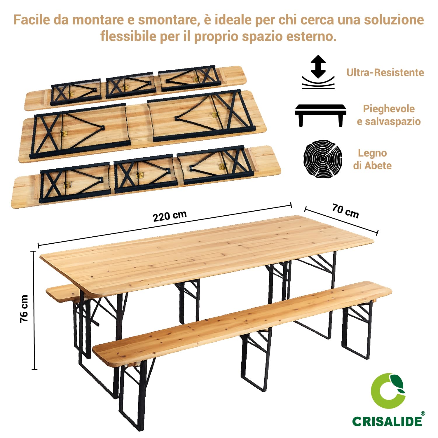 Crisalide® Set Birreria Pieghevole in Legno di Abete Tavolo 220 cm con 2 Panche Struttura in Acciaio Rinforzato 70x80 cm