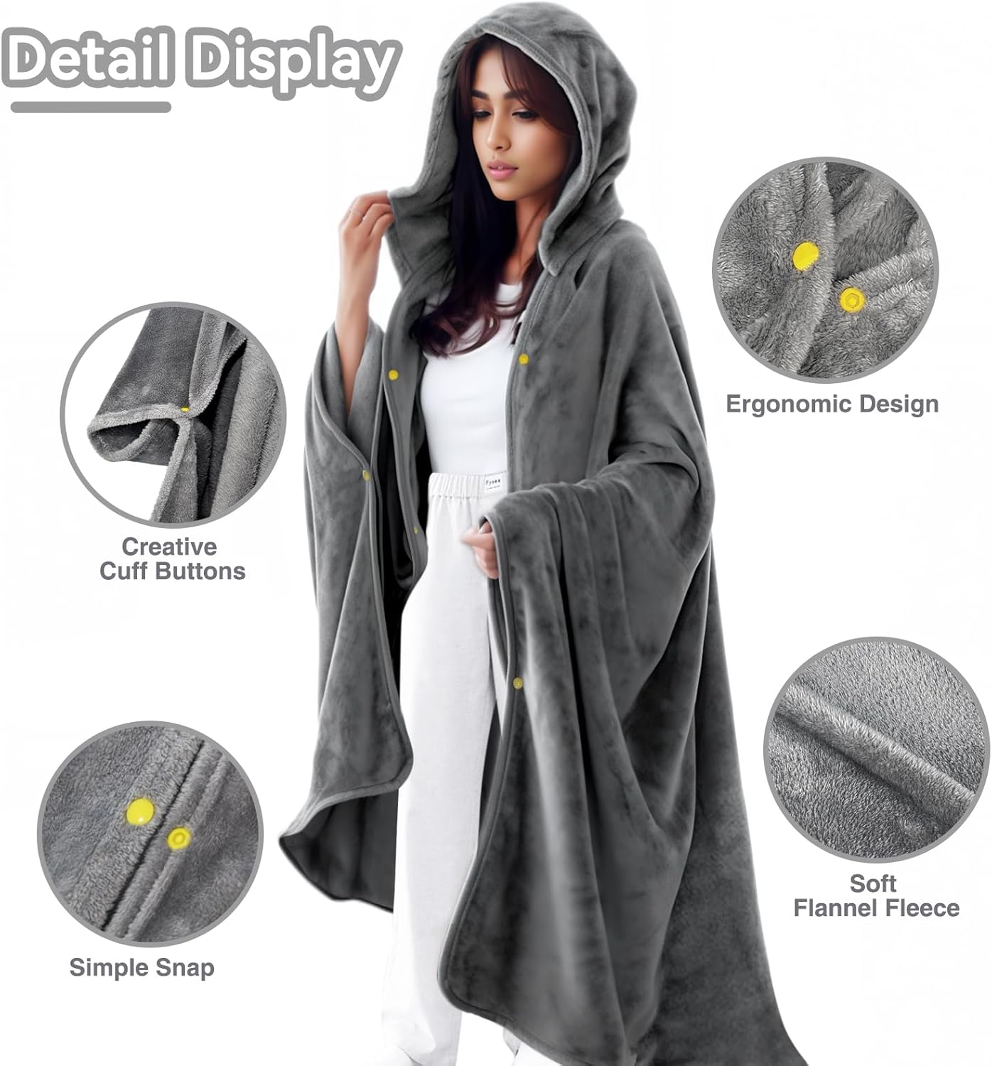 Blanket Cloak for Women Men,Snuggly Hooded Wearable Blanket,Warm and Cozy Giant Fleece Blanket Poncho with Sleeves,Gift for Girlfriend Wife Mom,Gray - Image 3