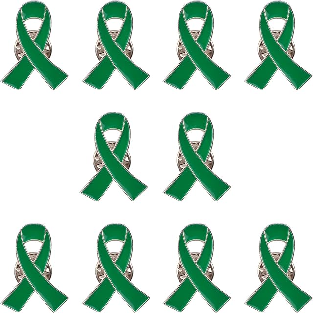 WANDIC Ribbon Pin Charms, Metal Awareness Lapel Pin Ribbon Brooch Mixed Color Lapel Pins Hope Pins Enamel Jewelry Pins for Decoration (Green, 10)
