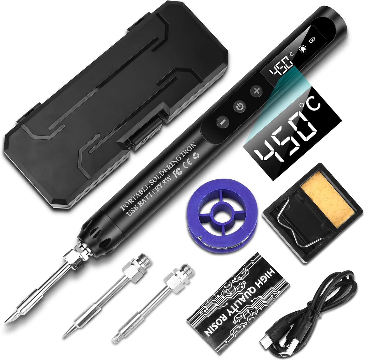 Voktta USB Rechargeable Soldering Iron with LCD, Battery Soldering Iron Set, Ceramic Heating Core, Adjustable Temperatures 200-450°C, with 3 Soldering Tips, It is for Repairing Circuit Boards etc