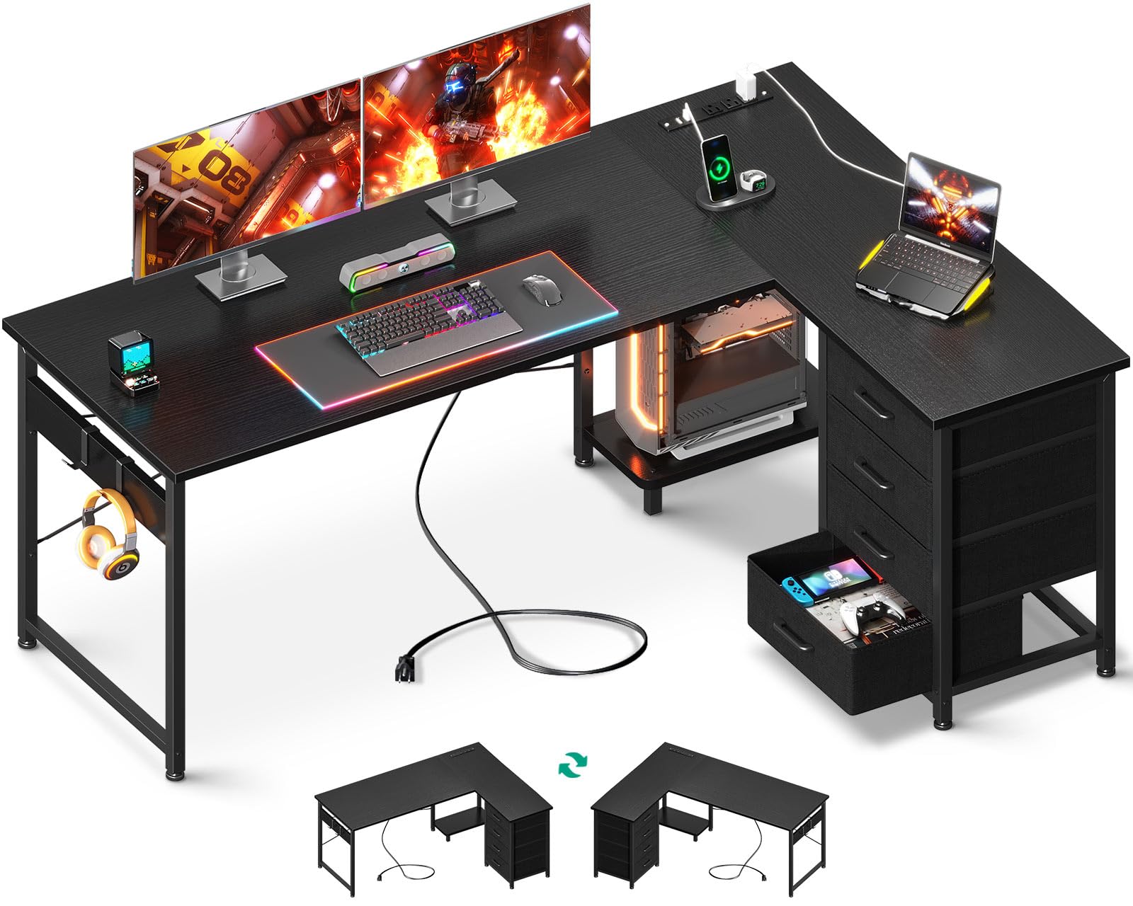 AODK L Shaped Gaming Desk with 4 Drawers, 61" Reversible Home Office Desks with Power Outlets, L Shaped Computer Desk with USB Charging Port and Host Stand, Corner Desk, Easy to Assemble, Black