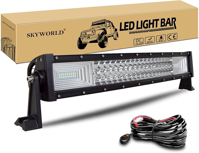 SKYWORLD Reflektor roboczy LED, 22", 55,8 cm, 27000 lm, wygięty reflektor, oświetlenie combo offroad z zestawem wiązek kabli, do 4 x 4, SUV, ATV, UTV, samochodów, traktorów, koparek, samochodów ciężarowych, 12 V,