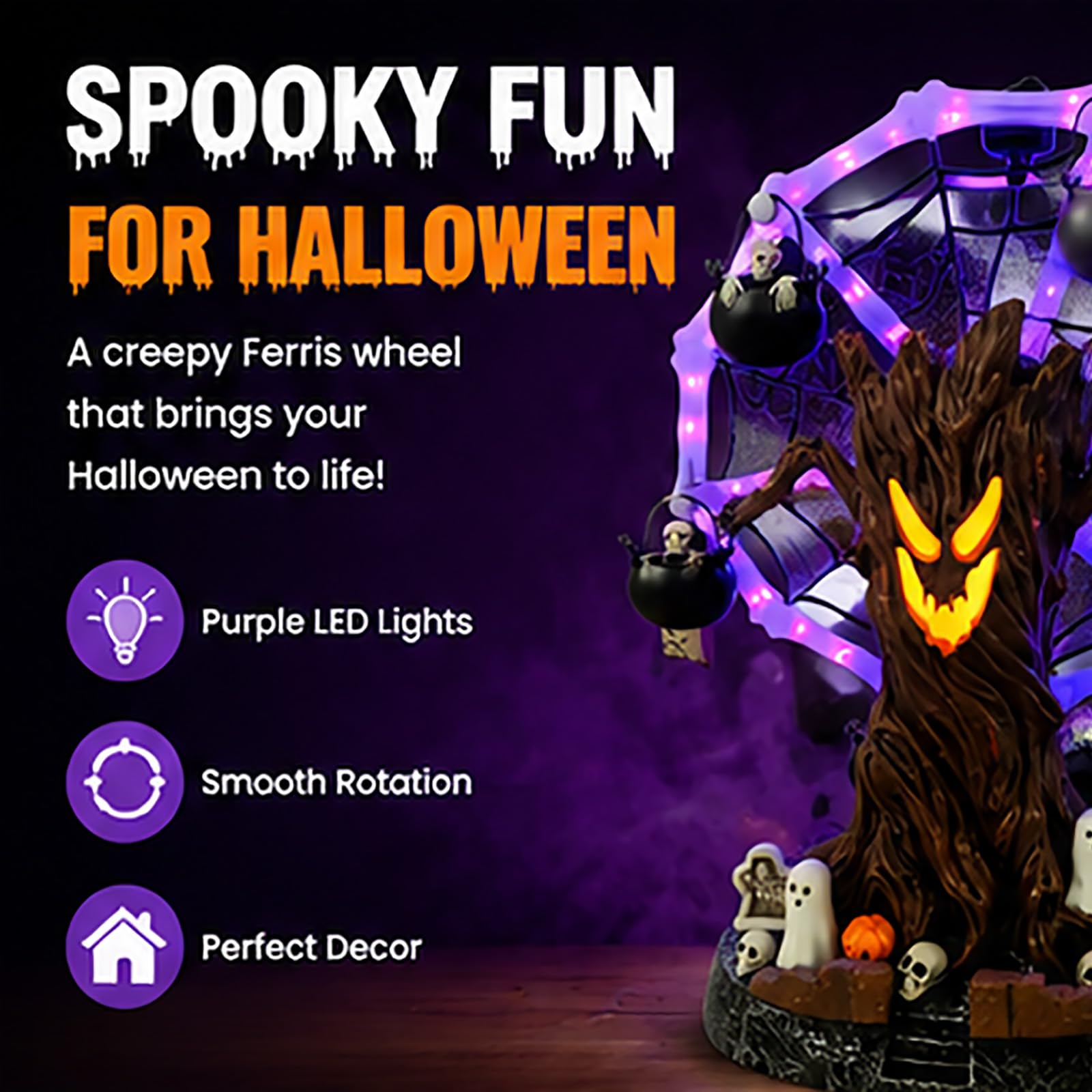 Genérico Decoración de Mesa giratoria de Halloween: Noria con árbol fantasmagórico, Figura con luz LED de Esqueleto y telaraña, árbol Fantasma Luminoso con Efectos de Sonido; luz Nocturna (2pcs)
