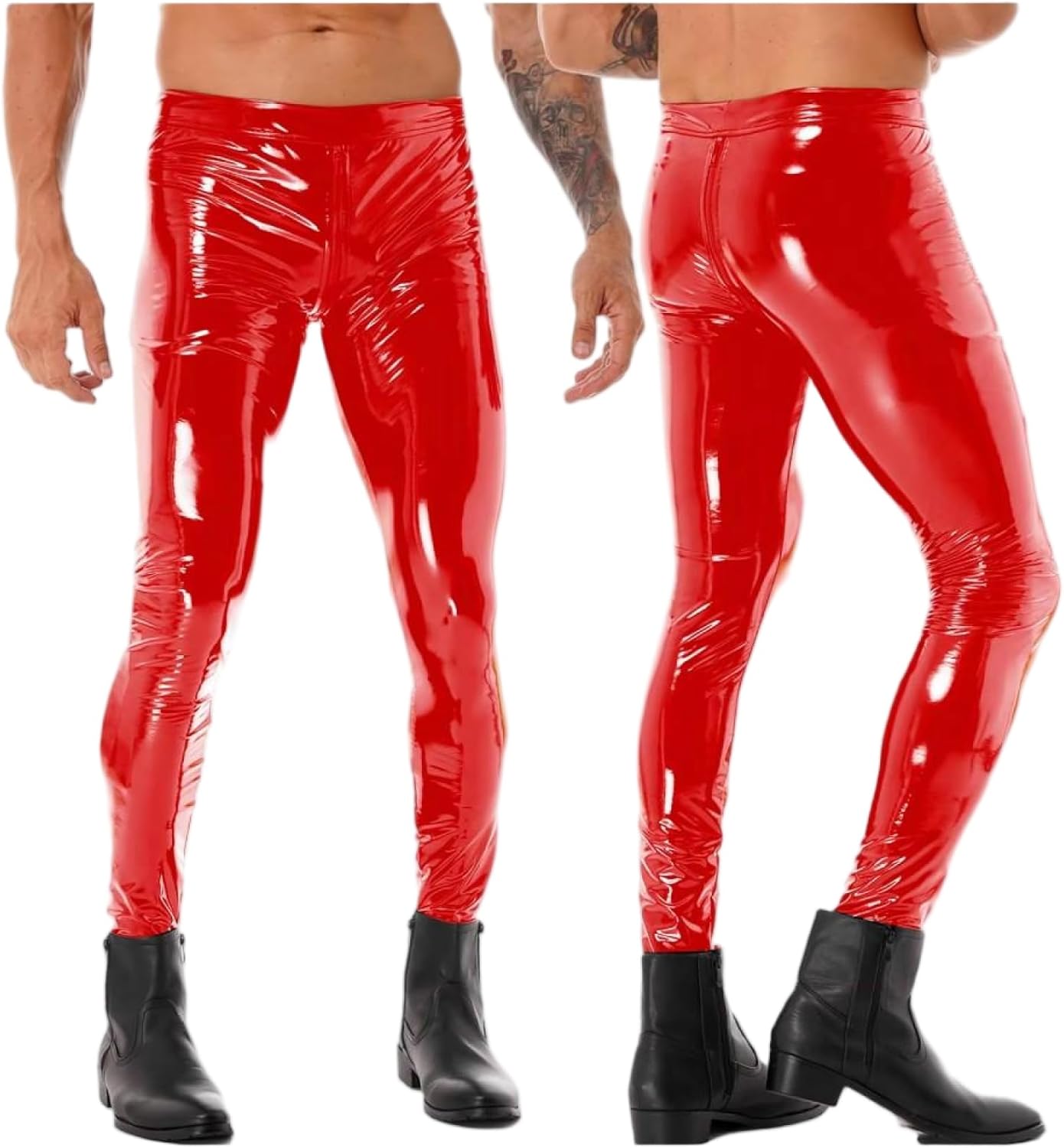 Mens Two-Way Zipper Crotch Trousers Clubwear Patent Leather Moto Biker Skinny Pants Leggings Party