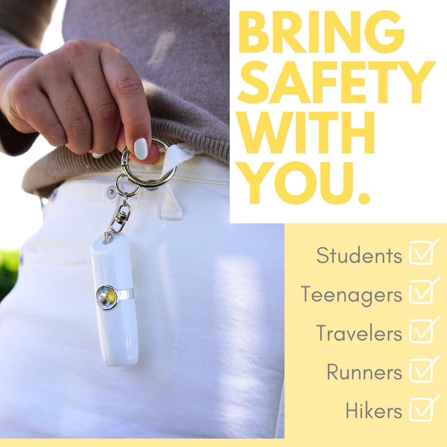 SecurityMan Door Security Bar with 120dB Alarm & Personal Safety Keychain Alarm (White) – Adjustable Door Jammer Stick & 130dB SOS Siren for Home and Personal Safety