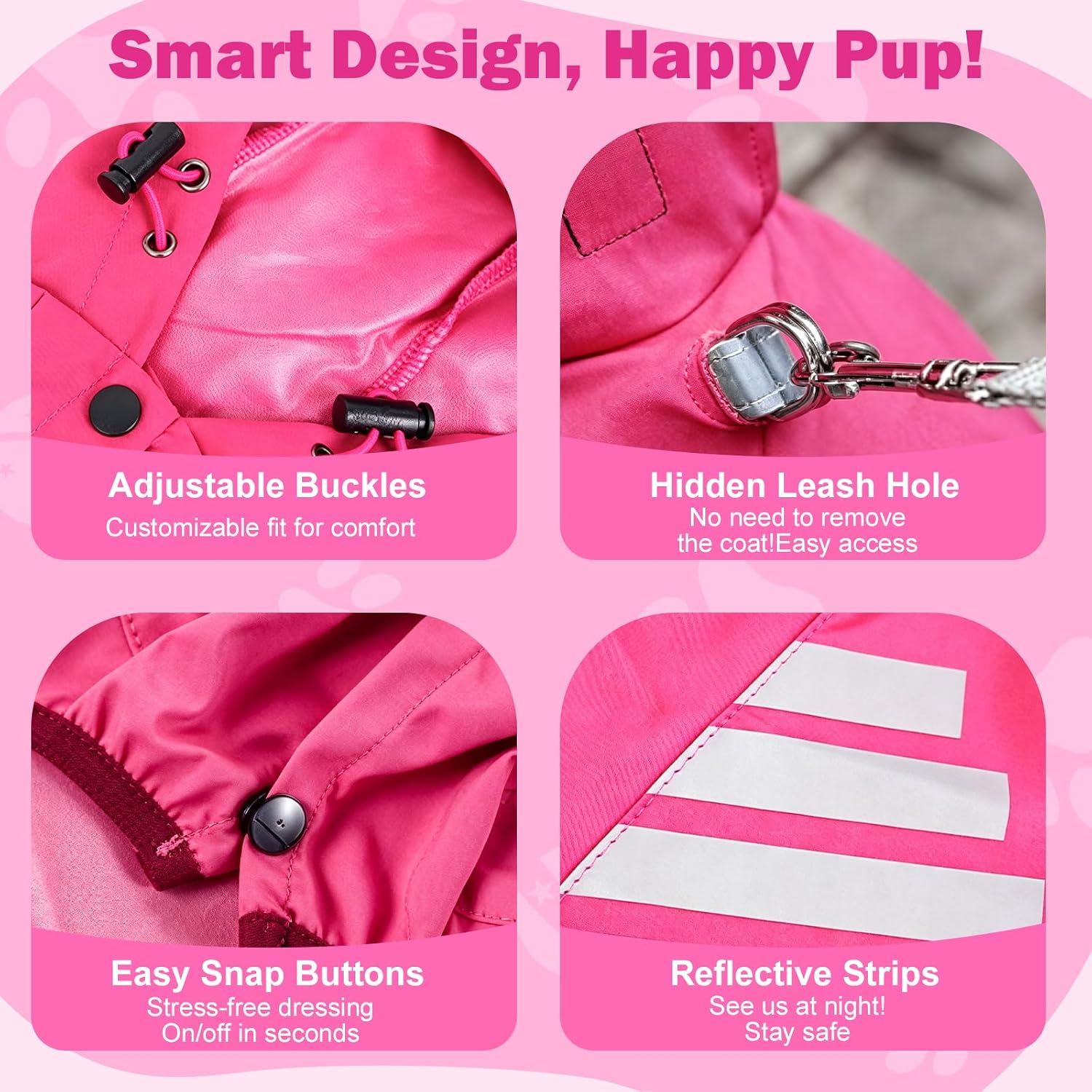 Dog Raincoat Waterproof Windproof Full Body Pet Jacket, Adjustable Reflective Puppy Rain Suit with Leash Hole, Lightweight Foldable Dog Coat for Small Medium Dogs(Pink, Large)