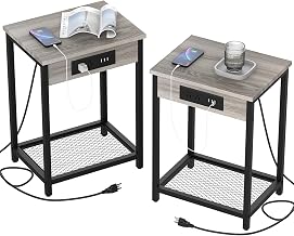 YBIGN Nightstand with Charging Station Set of 2 End Side Table with USB Ports and Power Outlets 2-Tier Bedside Table with Storage Shelves for Bedroom Living Room Office Dorm Gray