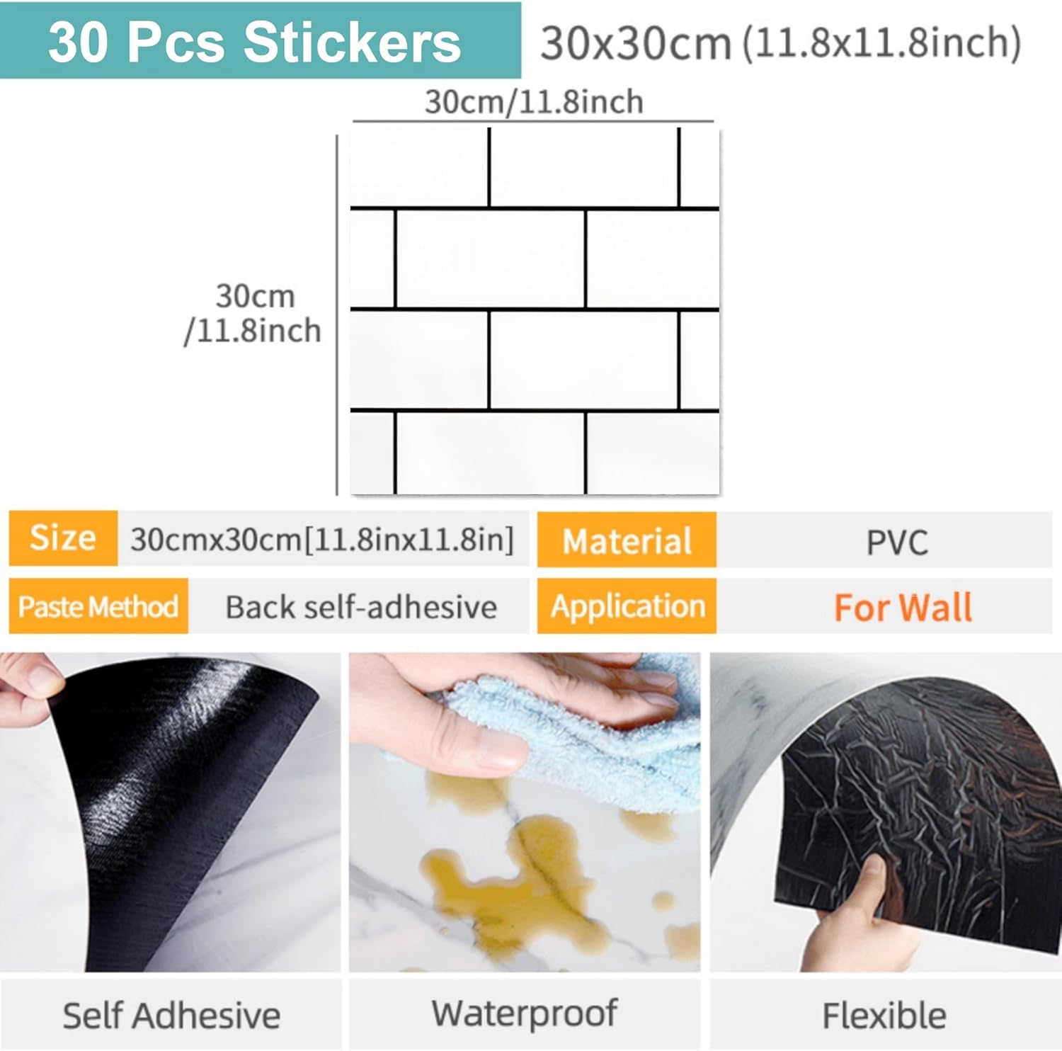 Premium Marble Effect Wall Tile Stickers - 30x30cm PVC+SXP Self-Adhesive Backsplash Peel & Stick | Waterproof Removable for Kitchen Bathroom RV (White Brick, 30 Tiles)