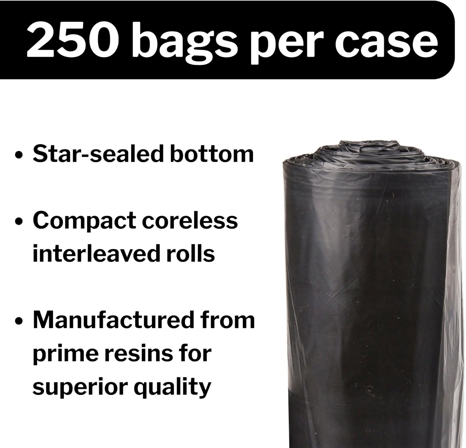 McKesson 30 Gallon Trash Bags - 250 Count, 30" x 36" Black Garbage Bags, Durable 0.58 Mil with Star-Sealed Bottom, Large Trash Can Liners for Commercial Use, Coreless Rolls