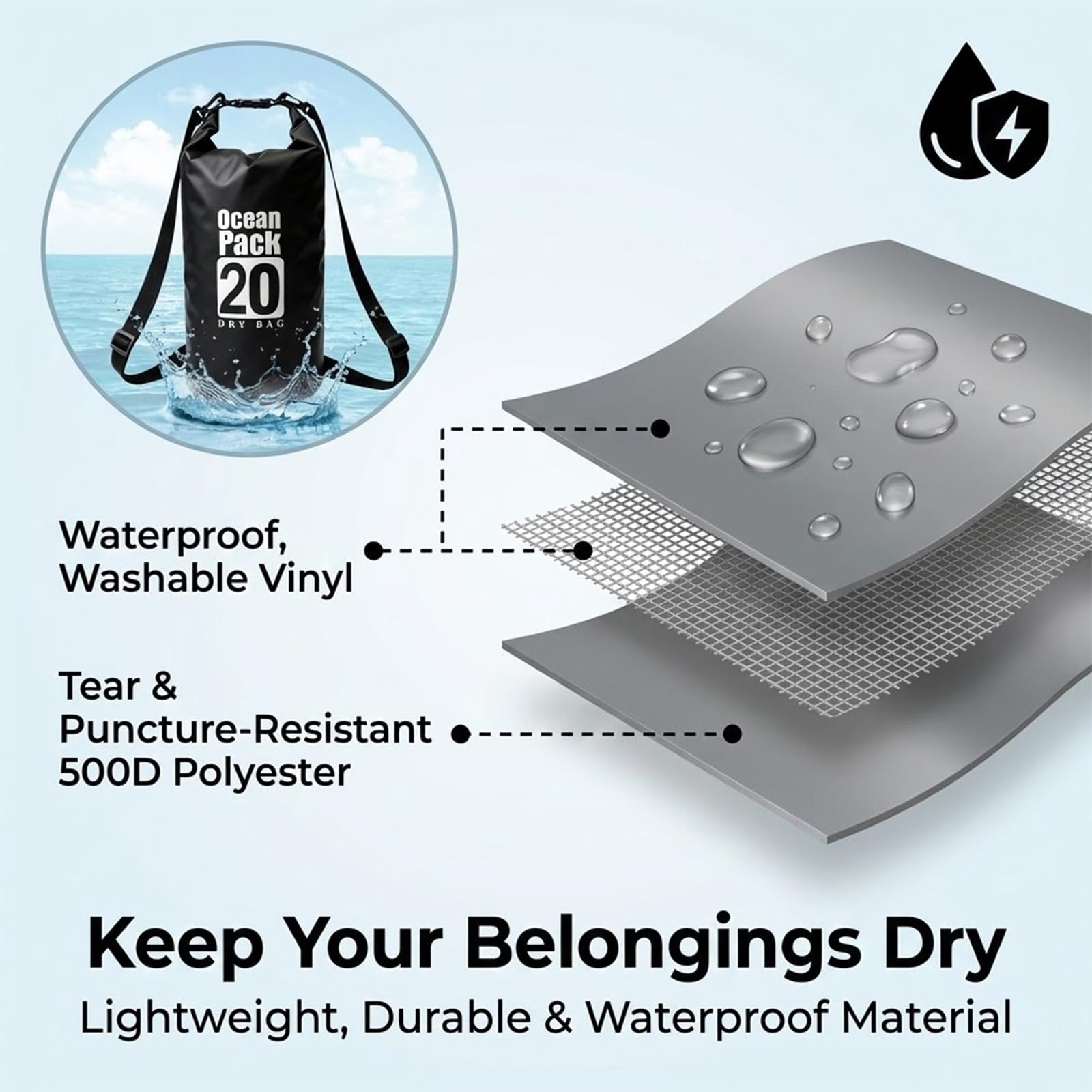 Bolsa seca flotante impermeable de 5L/10L/15L/20L para mujer, mochila ligera y duradera para kayak, natación, camping, senderismo, suave y resistente a la abrasión con cierre enrollable (negro