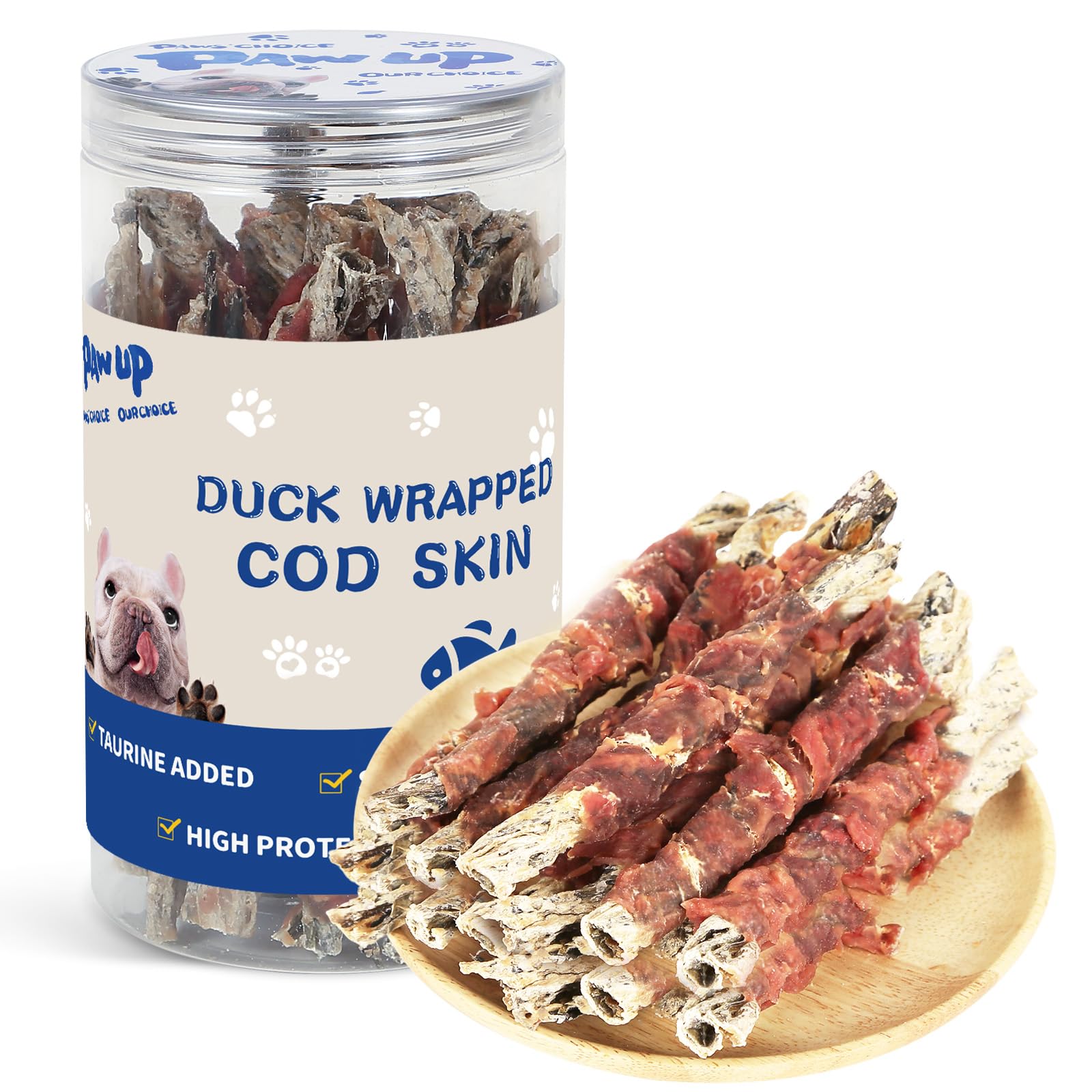 PAWUP Cod Skin Dog Treats with Duck Dog Snacks High Protein and Omega-3, Natural Dog Chews w/Taurine, 12.5 oz (12-15 Count)